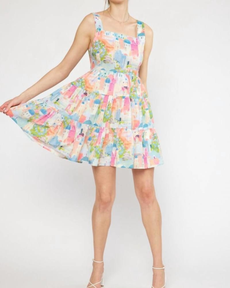 Front of a model wearing a size Large Abstract Mini Dress In Multi in Multi by entro. | dia_product_style_image_id:346486
